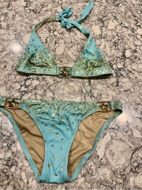 Aqua Blue Gold Star Bikini Set